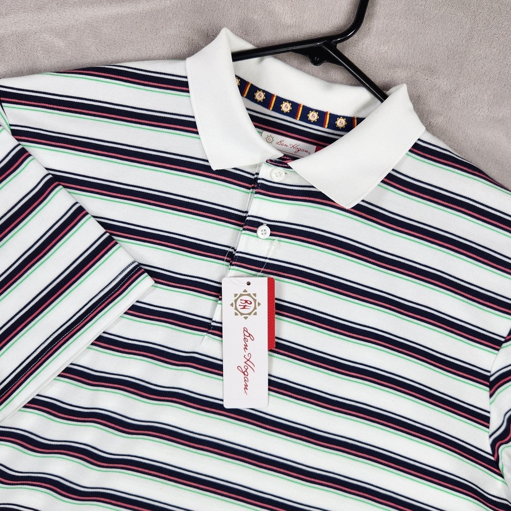 Ben Hogan Polo Shirt Mens Medium White Stripe Golf Moisture Wicking UPF 15